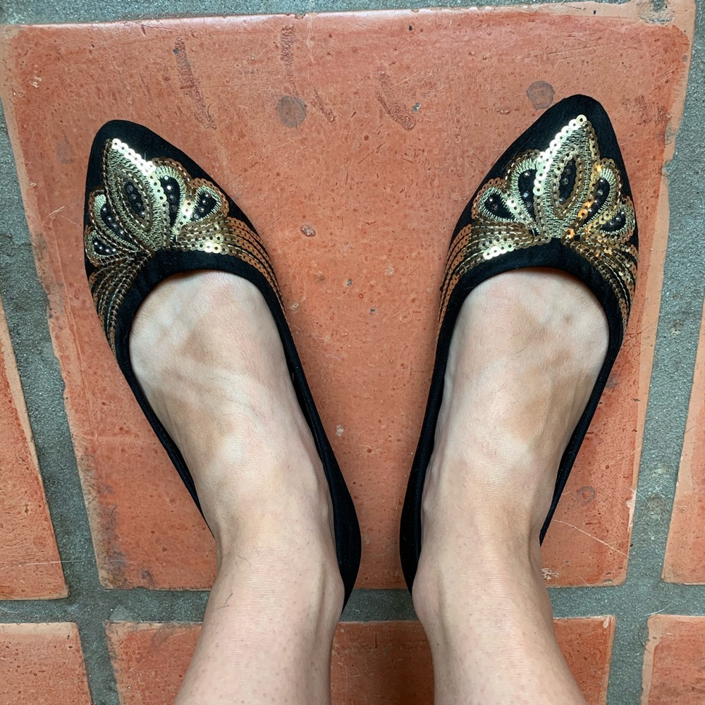 Black Flats with a Gold Sequin Decor